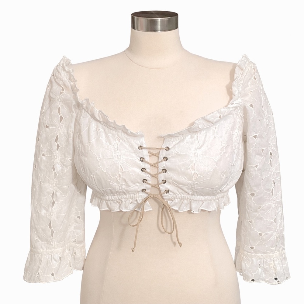 Bebe Y2K White Eyelet Lace Up Crop Top Milkmaid Cottagecore Vintage Size S